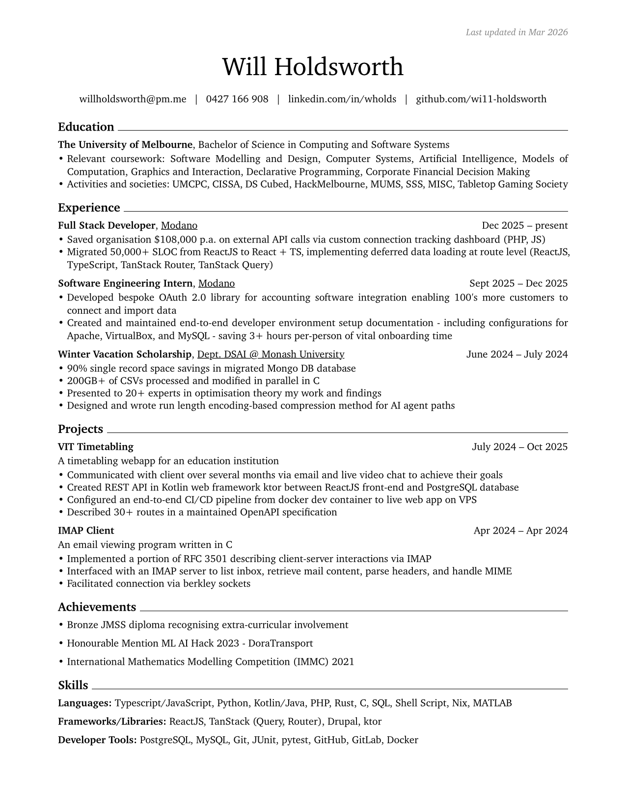 Will Holdsworth's Resume